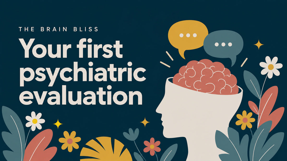 Cream profile with a coral brain and speech bubbles, introducing a first psychiatric evaluation.