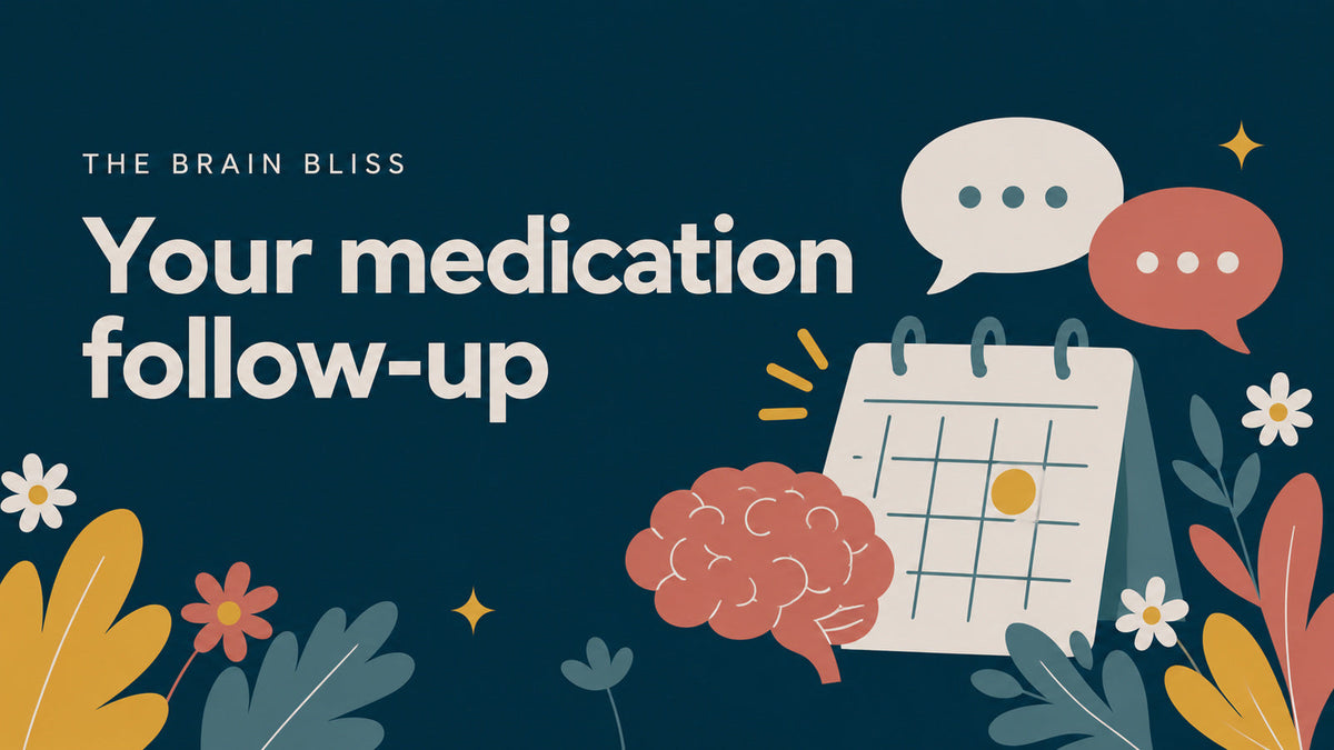 Calendar, speech bubbles and coral brain representing a medication follow-up.