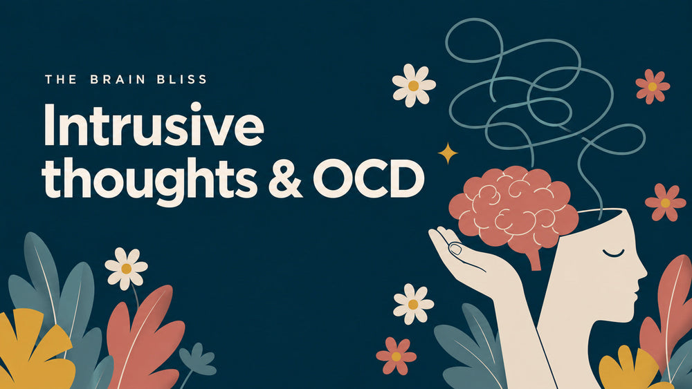Cream profile, coral brain and repeating thought loops illustrating intrusive thoughts and OCD.