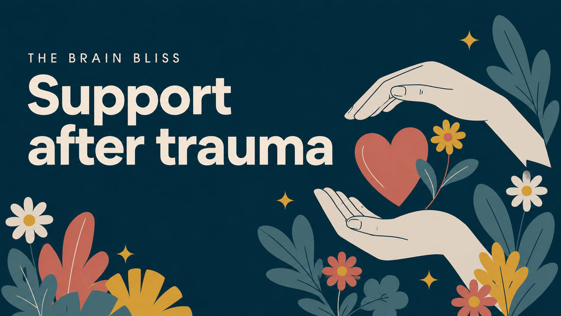 Two illustrated hands sheltering a coral heart beside a flower, representing support after trauma.