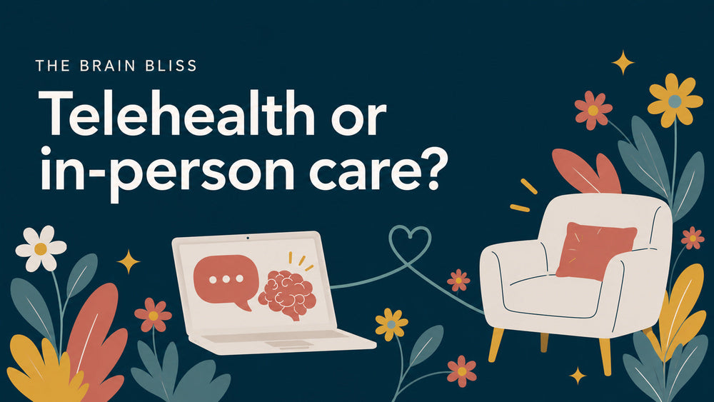 Laptop and armchair connected by a curved line representing telehealth and in-person care.